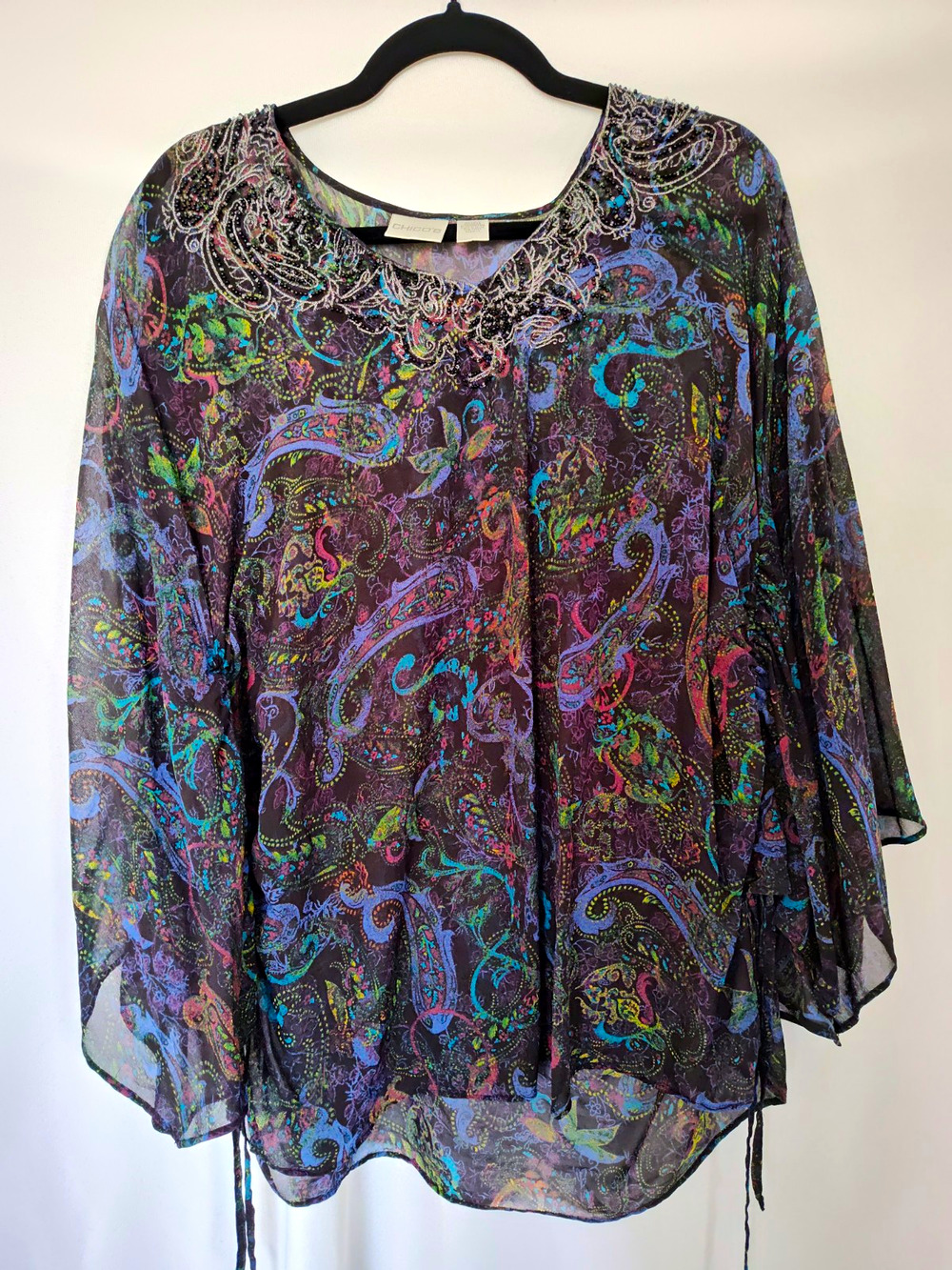 Chico's Artsy Y2K Boho Multicolor Paisley Silk Sheer 3/4 Sleeve Scoop Blouse